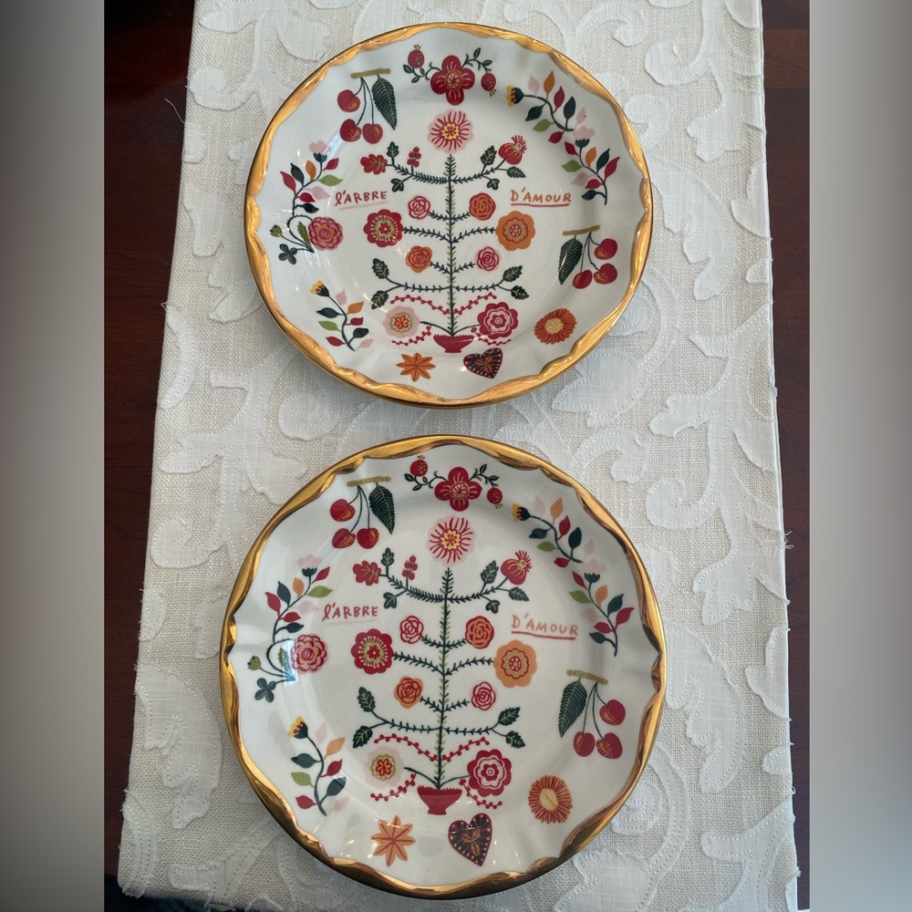 SOLD  Set of 2, 10” Anthropologie Natalie Lete Francophile plate trimmed in gold